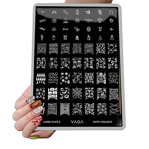 VAGA Nail Art Stamping Kit Jumbo Manicure Image Plate 6 Happy Holidays This Nail Stamping Plate has 63 Patterns to Match all your Nail Polish and Stamping Polish Colors A Must Have Metal Stamping Kit