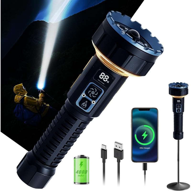 Torcia elettrica ad alta luminosità 3500LM/4000mAh ricaricabile/COB luce da campeggio per emergenza/escursionismo/casa multi-modalità tattica tipo (compatta). Nero.