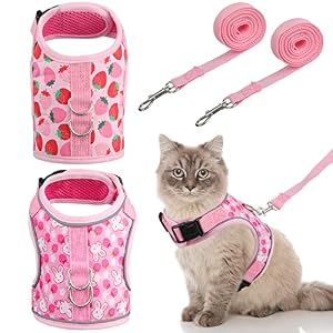 2 Packs Cat Harness and Leash Escape Proof Adjustable Cat Dog Walking Harness Soft Pink Strawberry Printed Vest Harnesses for Kittens Puppies