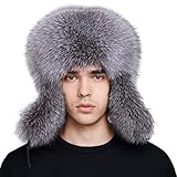 Coiffures fourrure véritable BeFur Casquette d\'hiver Peau de Renard Chapka Bonnet Russe de Haute Qualité avec Oreillette Argent Bleu M