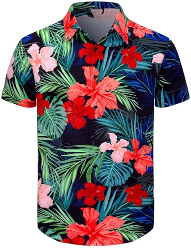 COSAVOROCK Hawaiian Shirts for Men Floral Flowers Aloha Button Shirt, Black Hibiscus, XL