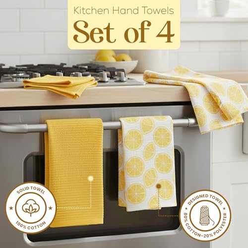 Image of Kitchen Towels Set of 4 Premium Hand Towels 18 x 28 Inch Large Tea Towels for Drying & Decor - Soft, Absorbent Cotton Yellow Ribbed and Lemon Citrus Weave Cute Hand Towels - Housewarming Gift