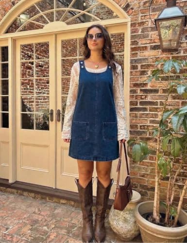 Image of Xaspee Denim Overall Dress for Women Casual Mini Sleeveless Jean Vintage Jumper Skirt Dress with Pockets