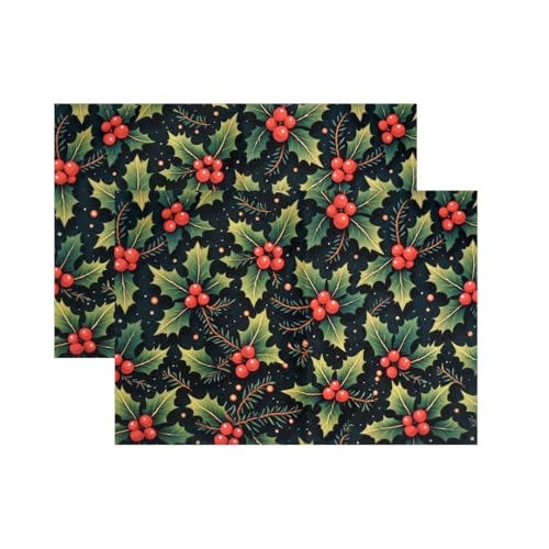 Image of Dining Table Mats Set of 2 - Cherry Christmas Leaves Theme,Digital Print, Washable, Indoor /Outdoor, Heat-Proof, Wipe & Clean (47X33 cm) Red & Green
