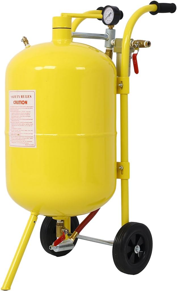 10Gal Pot Sandblaster, 125 Psi Pressure Sand Blasting Complete Kit with Handle and 2 6" Rubber Wheels Portable Air Sand Blaster for Paint, Stain, Rust Removal and Special Surface
