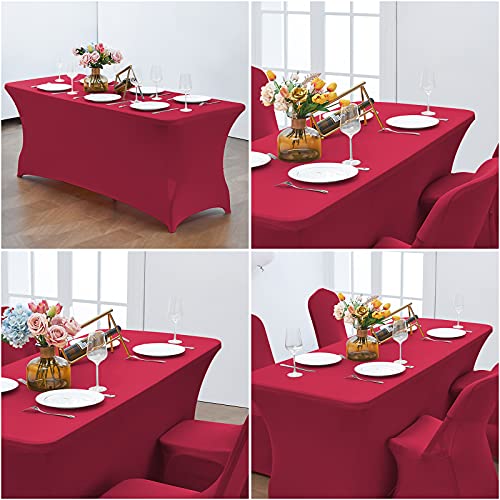Image of CWK 4FT Waterproof Stretch Spandex Table Cover for Rectangular Tables - Elastic Fitted Tablecloth for Folding Tables,Wrinkle Resistant Table Cloth for Parties, Weddings, Banquets & Events(Apple Red)