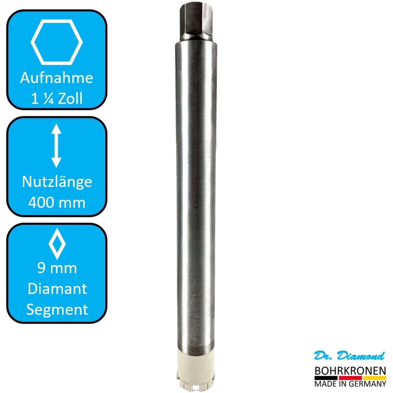 DR. DIAMOND Corona diamantata e punta a carota, ad alte prestazioni, 1 1/4", attacco per calcestruzzo e muratura, lunghezza utile 400 mm, diametro 52 mm