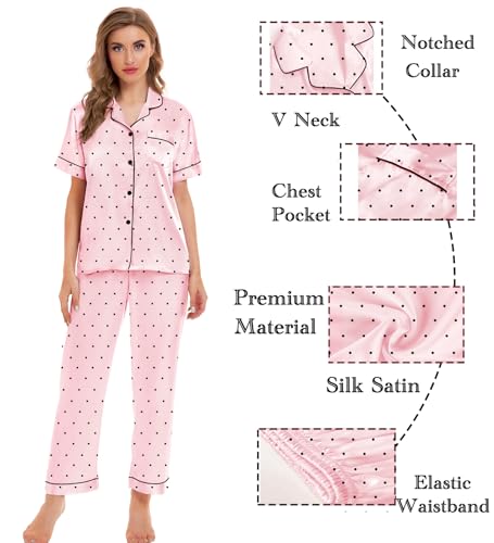 Image of SWOMOG Womens Silk Satin Pajamas Sets 4pcs Sleepwear Sexy Cami Shorts Set and Button Down Short Sleeve Pjs Loungewear Pink Dots Large