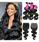 12A Human Hair Bundles 3 Bundles with Closure 16 18 20+14 Inch Brazilian Body Wave Bundles with 4...