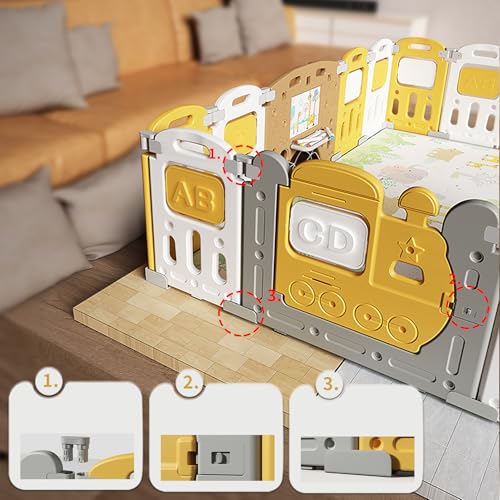 Image of Dawnwake Assembly-Free 14 Panel Playard, Baby Playpen Fence with Crawling Mat and Football for Baby Upto 8 Years with Safety Locking Door & Drawing Board (150x150cm, Foldable) -Yellow