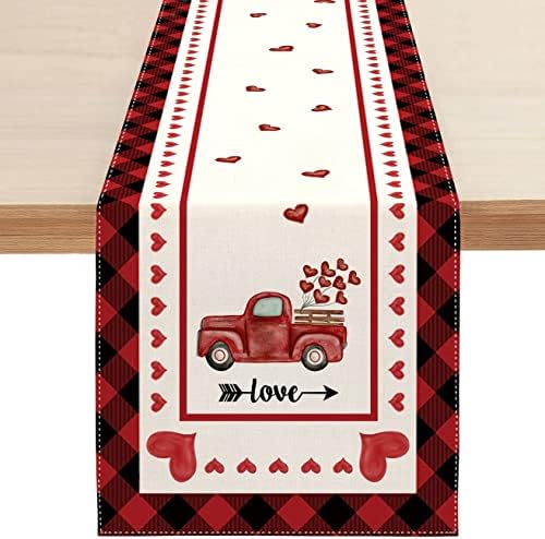 Valentines Day Table Runners 72 Inches Long,Dresser Scarves Buffalo Plaid Red Truck Table Runners for Dining Room Love Heart Branch Dinner Runner Anniversary Wedding Banquet Decor, 14x72in
