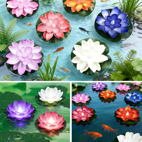 Auzlya 6 Stück Schwimmende Lotuslichter,LED Schwimmende Blumen,Künstliche Seerosen,Seerose Lotusblüte,Nachtlampe Lotusblüte Lotusblatt Teichlicht,für Garten Schwimmbad,Outdoor Dekoration
