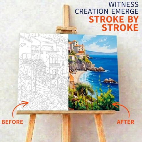 Image of Art Therapy Pcn30 Linen Canvas DIY Paint by Numbers Kit 15 x 20 Inch for Adults and Kids with 2 Set of Acrylic Oil Painting Colors with Brushes for Stress Relief & Home Decoration (Seaside Haven)