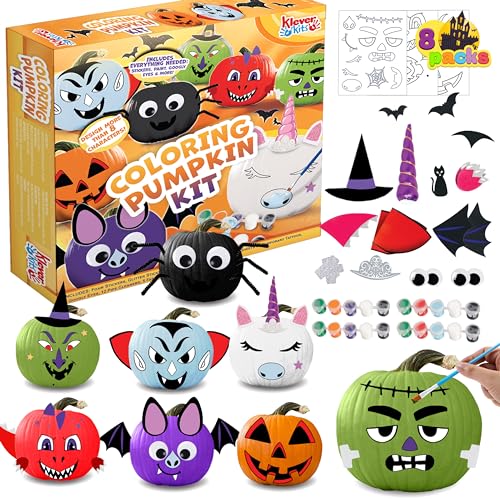 Image of Klever Kits Halloween Pumpkin Decorating Kit, Halloween Painting Kits Party Favors for Kids, Arts and Craft Party Supplies, DIY Coloring Pumpkin Decorations, School Activities Games