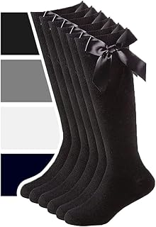 3 Pairs Knee High School Socks Girls - Cotton Socks Back to School Socks with Fluffy Ribbons Bow Party Wear Stocking Comfort Fit Long Kids School Sock Uniform Girls Bow Knee High Sox (PACK 3)