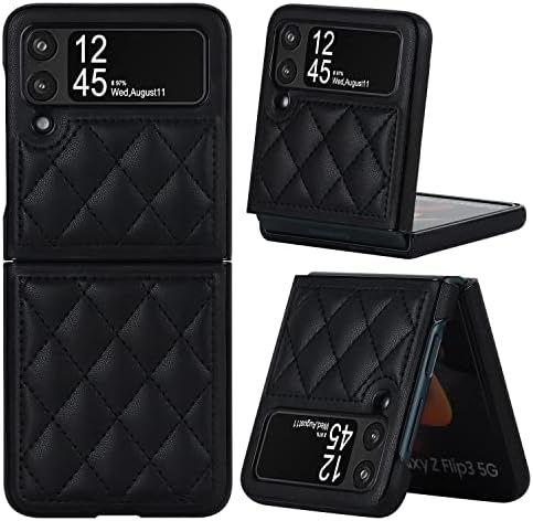 XIZYO Designed for Samsung Galaxy Z Flip 4 Case, Leather Soft Luxury Slim Diamond-Shaped Flip Case for Women Men Shockproof Bumper Protective Cover, Black
