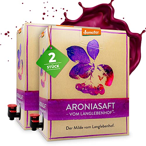 2x Langlebenhof Aronia Direktsaft, Muttersaft, [100% Demeter u. Bio] 3 Liter Box, Der Milde' Aroniasaft für Ernährungsbewusste, Aroniasaft aus Deutschland, Aronia Beeren Saft - sehr lange haltbar