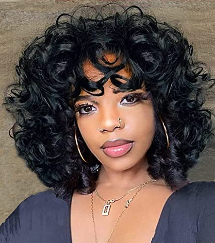 PORSMEER Black Curly Wigs for Women Synthetic Hair Natural Loose Curly Afro Kinky Medium Wavy Bob Wig Black Women for Costume or Daily Wear - Image 3