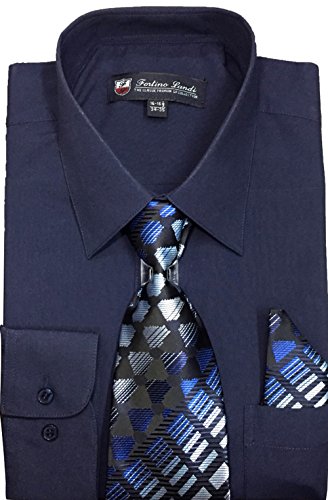 Fortino Landi Men's Long Sleeve Dress Shirt, with Tie and Hanky - Many Colors (18 36/37, Navy)