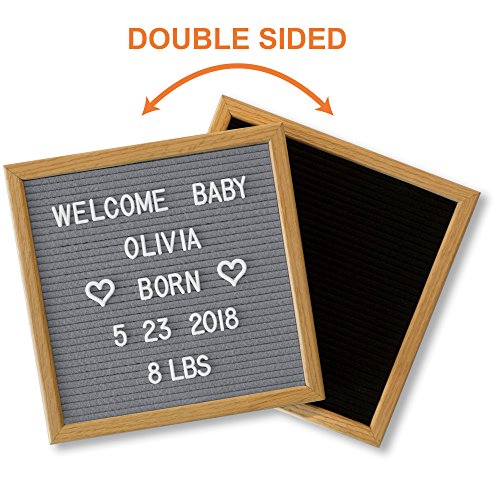 Image of Black Letter Board Gray with 600 Changeable Letters & Stylish Stand. 10x10 American Oak Wood Message Board. Pregnancy Announcement Sign, Boy Girl Gender Birth Reveal Idea, Baby Shower Gift!