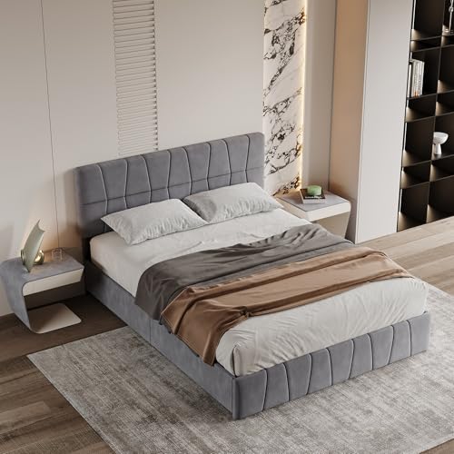 LLODERY Polsterbett 160x200 mit 4 Schubladen, Jugendbett mit höhenverstellbarem Kopfteil, Doppelbett mit Stauraum, boxspringbett mit lattenrost, Metallrahmen und Lattenrost aus Holz, Samt, Grau – Bild 6