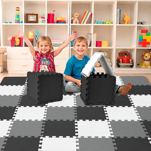 36Pcs Baby Play Mat for Floor, Foam Floor Tiles for Kids with Interlocking, Squares Foam Puzzle Carpet for Playroom,Crawling Rug for Babies 6-12 Months,Toddlers,11.8*11.8*0.6In Each (Gray-black-white)