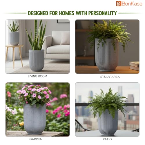 Image of Bonkaso 18 Inch Burj Khalifa Ribbed Planter Pot Indoor & Outdoor Use | Round Heavy Duty Polymer Flower Pot | Lightweight Weather Resistant Modern Gamla for Living Room Balcony & Terrace (Light Grey)