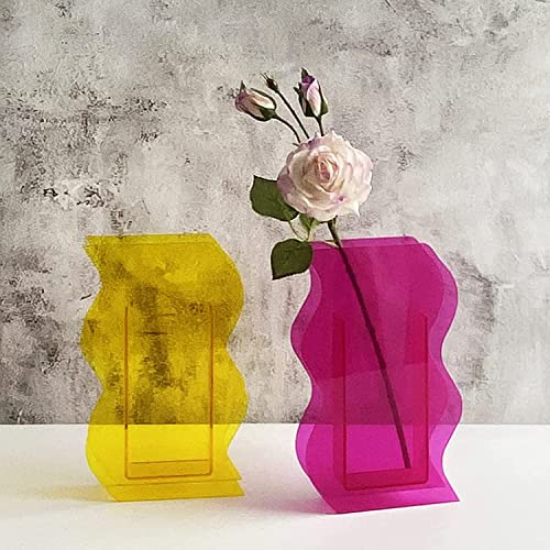 Yalzonemet Modern Acrylic Vase Geometric Flower Vase Special Wave Shape Vase Unique Desktop Decoration Plant Floral Container For Home Office Wedding Decor Rose Pink, W025 #TOP7