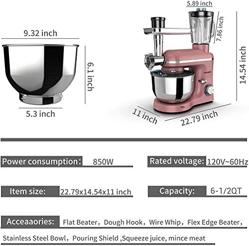 Nurxiovo Pro 3 in 1 Stand mixer Electric 850W Kitchen Food Mixer with 6 Speed and Pulse, Home mixer stand up with 6.5 QT Stainless Steel Bowl, Beater,Whisk,Dough Hook, Juice Extracter and Meat Blender, Rose Gold