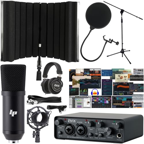 LyxJam 2×2 USB Audio Interface Recording Bundle w/Cardioid Condenser Mic, Isolation Shield Booth, Pop Filter, Shockmount, Stand, XLR & TRS Cables, Studio Headphones & Waveform OEM Creative Software