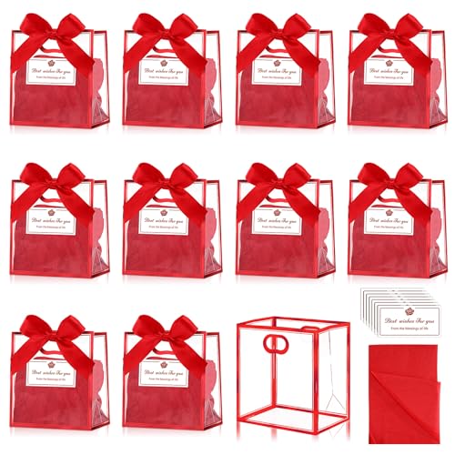 Tenare 12 Pack Small Clear Gift Bags with Handles Bulk,Red