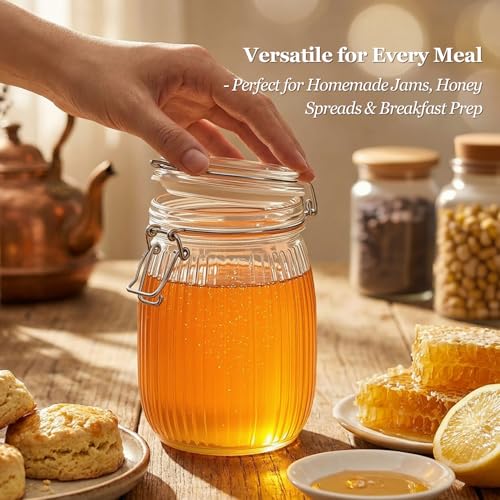 Image of ComSaf Ribbed Glass Storage Jars Airtight Lids 34oz 3 Pack Pantry Flour | BPA-free food-grade glass, ribbed texture, bulk flour & rice, pantry organization, kitchen canister set