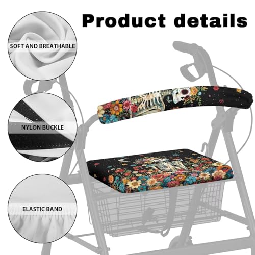 Image of Universal Rollator Accessories Covers Floral Skull Rollator Walker Seat and Backrest Covers Soft Walkers Seat Covers for Seniors Women Men