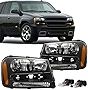 JSBOYAT Headlight Assembly with Bulbs Replacement for 2002-2009 Chevy Trailblazer Passenger and Driver Side, Black Housing with Amber Reflector