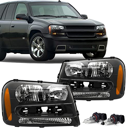JSBOYAT Headlight Assembly with Bulbs Replacement for 2002-2009 Chevy Trailblazer Passenger and Driver Side, Black Housing with Amber Reflector