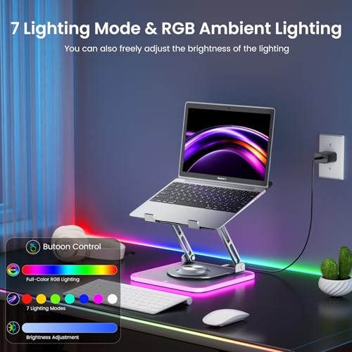 Image of JOYEKY Adjustable Laptop Stand with RGB Lighting,Aluminum Ergonomic Computer Stand with 360 Rotating Base,Foldable & Portable Laptop Riser, Suitable for All 10-16 inch Laptops (Grey)