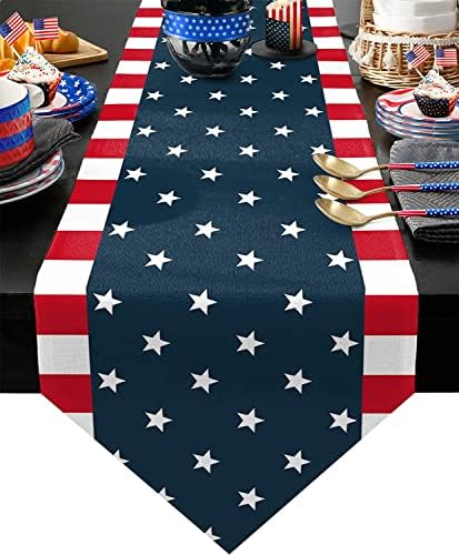 ZFUNCING Linen Burlap Table Runner Dresser Scarves, Independence Day 4th of July Table Runners for Dinner Holiday Party, Kitchen Dining Table Decor American Flag 13x48in