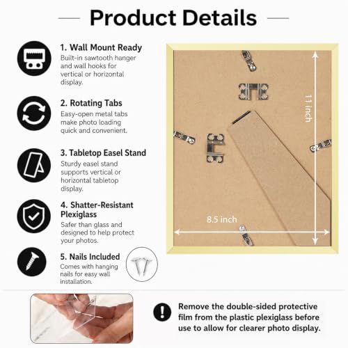 Image of JCJMY 8.5x11 Picture Frame Gold for Wall Hanging or Tabletop, Wall Mounting Horizontally or Vertically, 8.5 x 11 Wall Gallery Poster Photo Frame with Durable Shatter Resistant Plexiglass,Gold