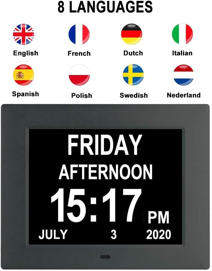 7.5 Inch Digital Calendar Day Date Clock - 12 Alarm Options ,Extra Large Non-Abbreviated Day&Month Memory Loss Clock for Seniors ,Dementia,Impaired Vision (Black)