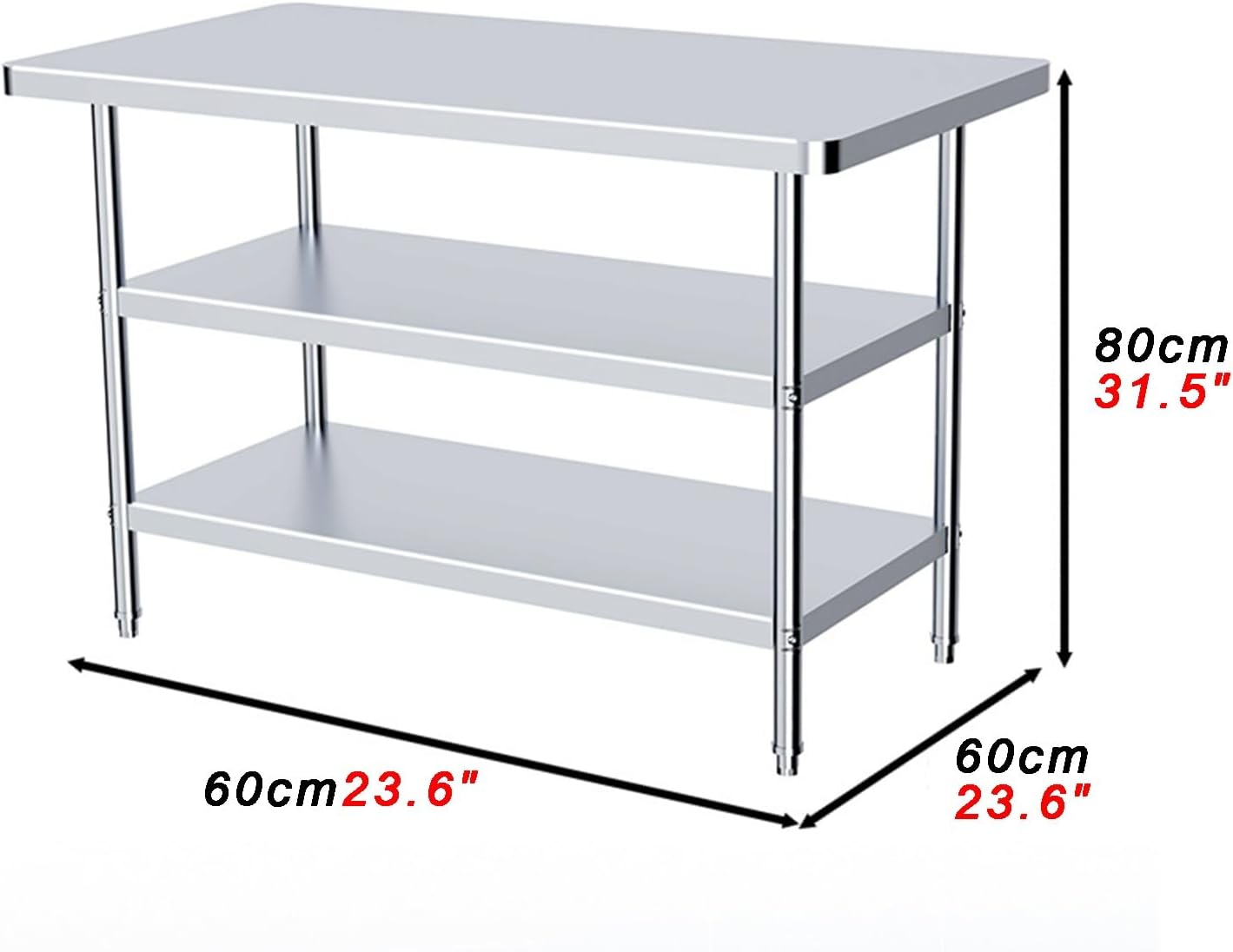 Removable Stainless Steel Work Table Adjustable Feet Rounded Corners Kitchen Prep Station Multi-Functional 3-Tier Workbench 4-fold Design Height 31.5"