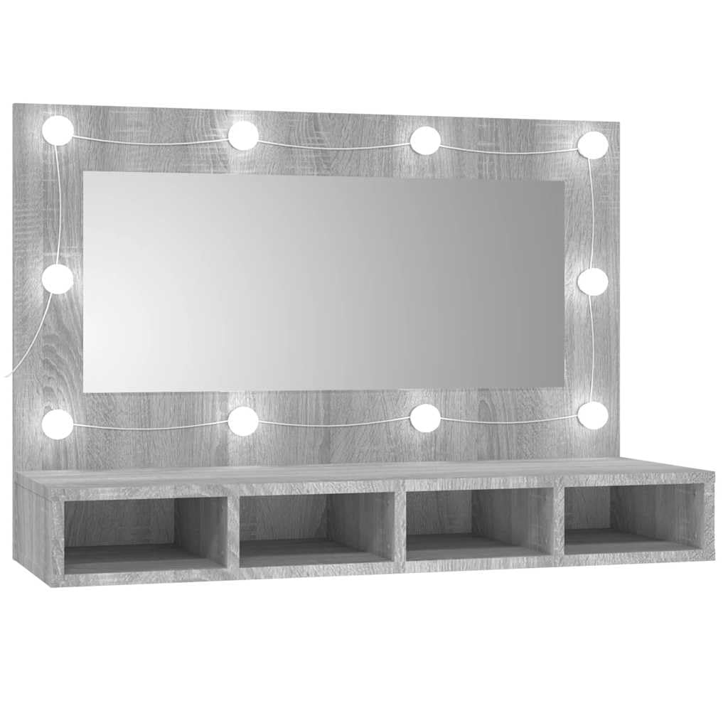vidaXL Mueble con Espejo y LED Iluminación Adorno Maquillaje Almacenaje Baño Cuarto Decoración Entrada Aseo Tocador Color Gris Sonoma
