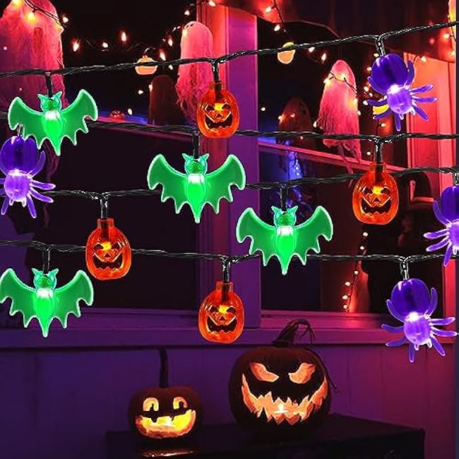 70 LED Pumpkin Bat Spider String Lights - 22.6ft Orange Green Purple Plug in Halloween String Lights with Timing Function, Connectable Lighting for Yard House Party Halloween Decorations