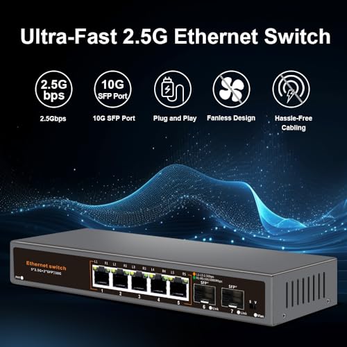 Image of 2.5G Unmanaged Ethernet Switch, 5 x 2.5G Base-T Ports, 2 x 10G SFP+ Uplink Ports, 100 /1000 /2500Mbps Compatible, Fanless Plug & Play, Metal 2.5Gb Network Switch