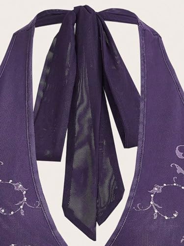 COZYEASE Women's Y2K Sheer Mesh Tie Back Halter Top Floral Print Rhinestone Cami Tops Backless Crop Tee3