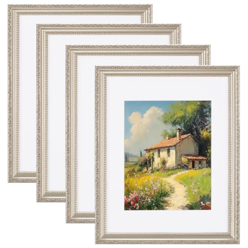 eletecpro 11x14 Vintage Picture Frame, Glass Cover, Silver Beige, 4-Pack