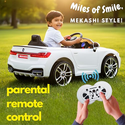 Image of MEKASHI Electric Ride-On Car for Kids 1-7 Years, 12V Battery, Remote Control, 5 Speed, LED Lights, Bluetooth, White