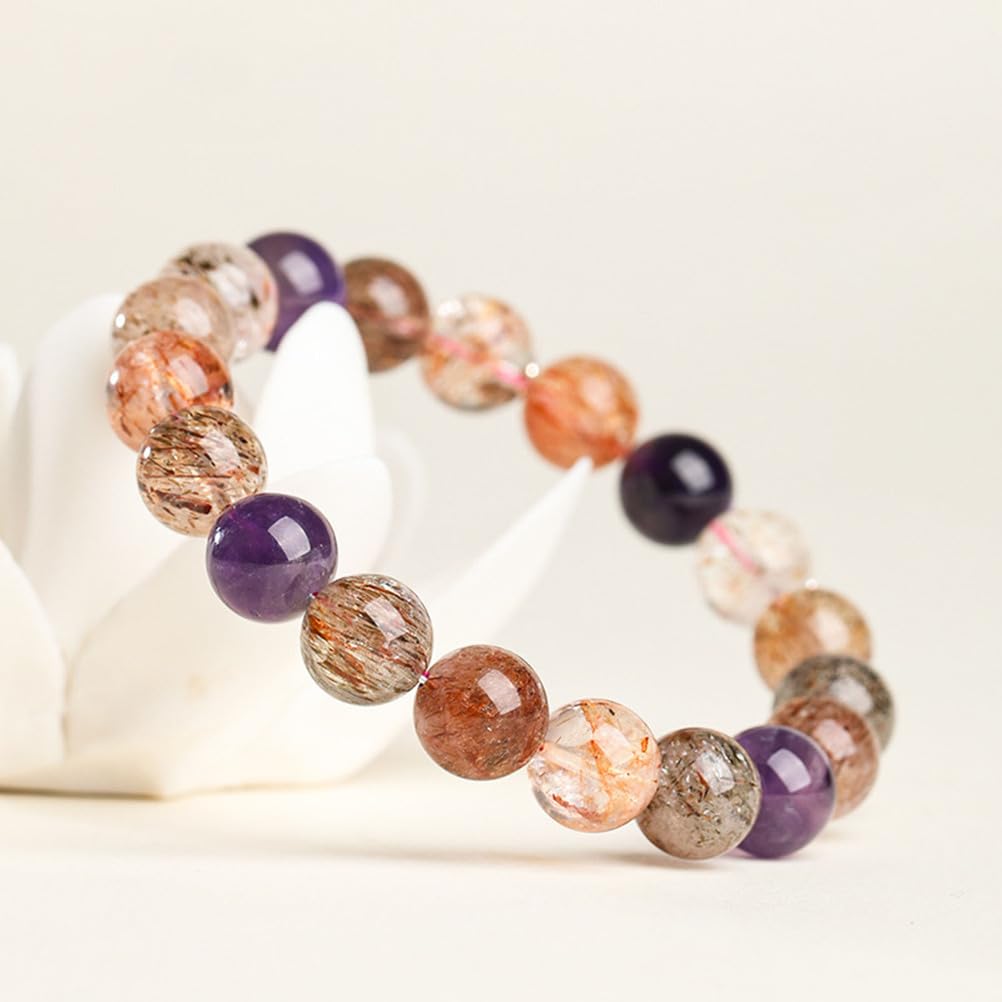 Pulsera De Cristal Súper Siete Natural Cuentas De Piedra De Cristal Hechas A Mano Pulsera Elástica Artesanal Cumpleaños San Valentín Joyería De Navidad Regalos 8-12 Mm,10mm