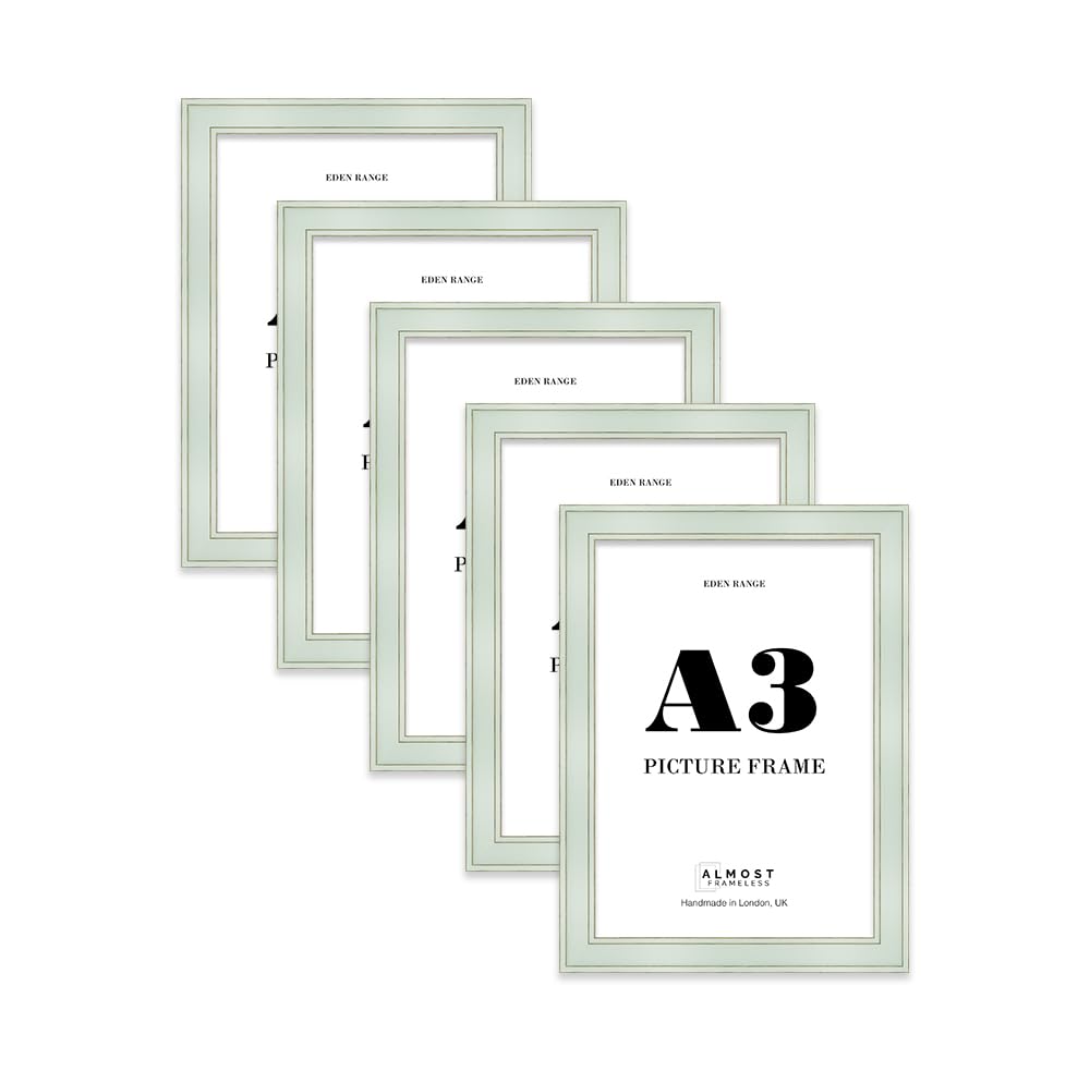 A3 Sage Green Picture Frame - Shabby Chic Photo Frame with Distressed Finish, Gold Trim, Wall Hooks, 37mm Edge - 5 Pack