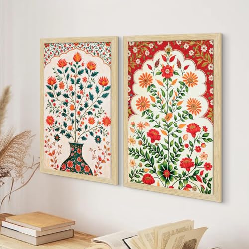 Image of ArtX Paper Floral Art Paintings with Frame for Home Decor, Madhubani Wall Painting for Living Room, Multicolor, Natural Wood Color Frames, 12.0 x 18.0 inch, Set of 2