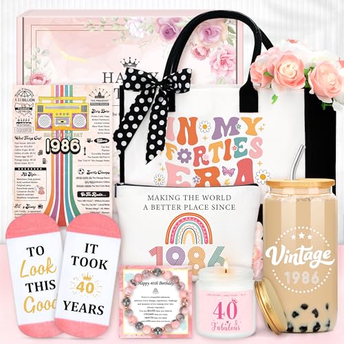 Image of 40th Birthday Gifts for Women Vintage 1986 Birthday Gifts for Women Unique 40 Year Old Gift for Woman Happy 40th Present for Her Turning 40 and Fabulous Gift Basket for Mom Sister Wife Friend Coworker